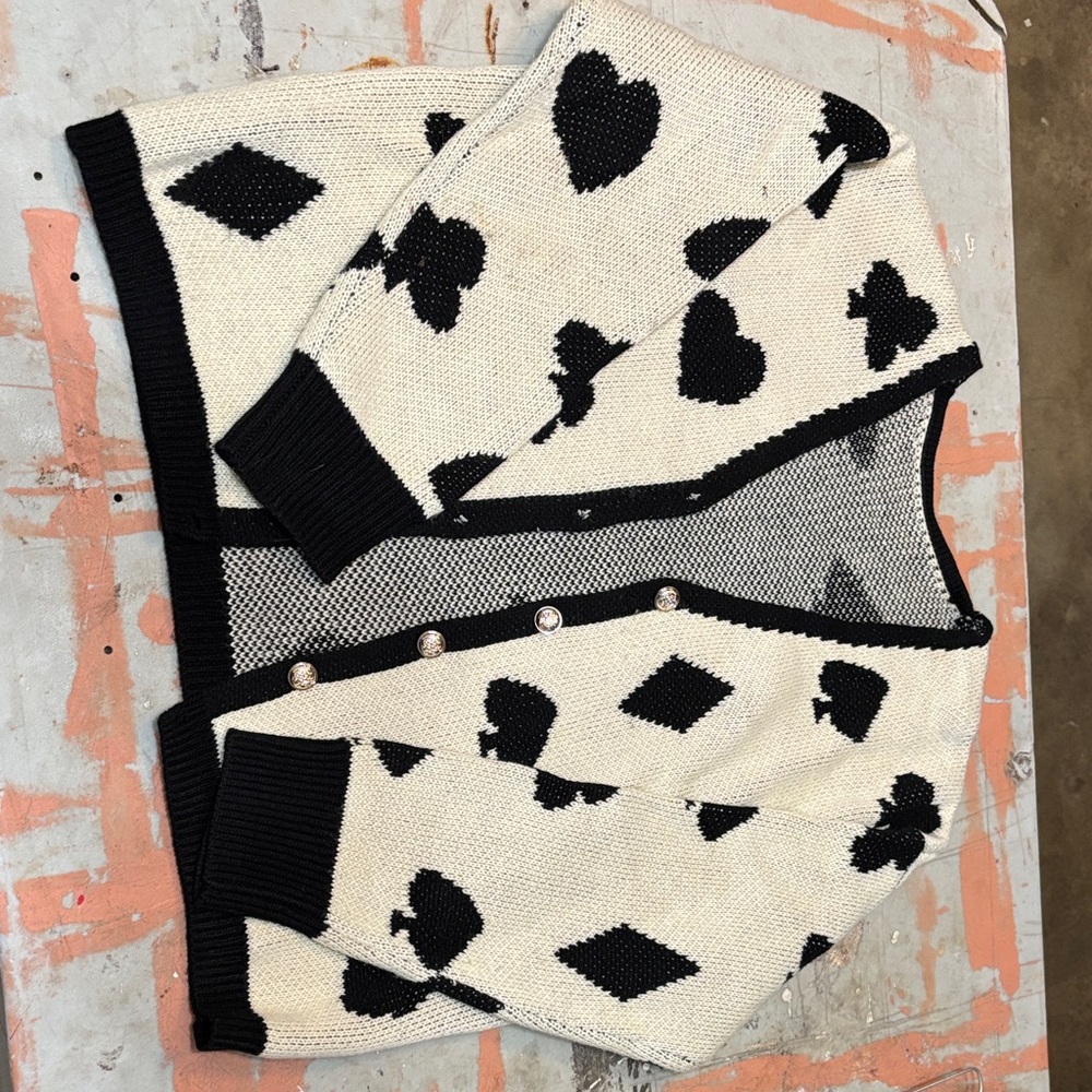 Black and White Cardigan with Playing Card Motif